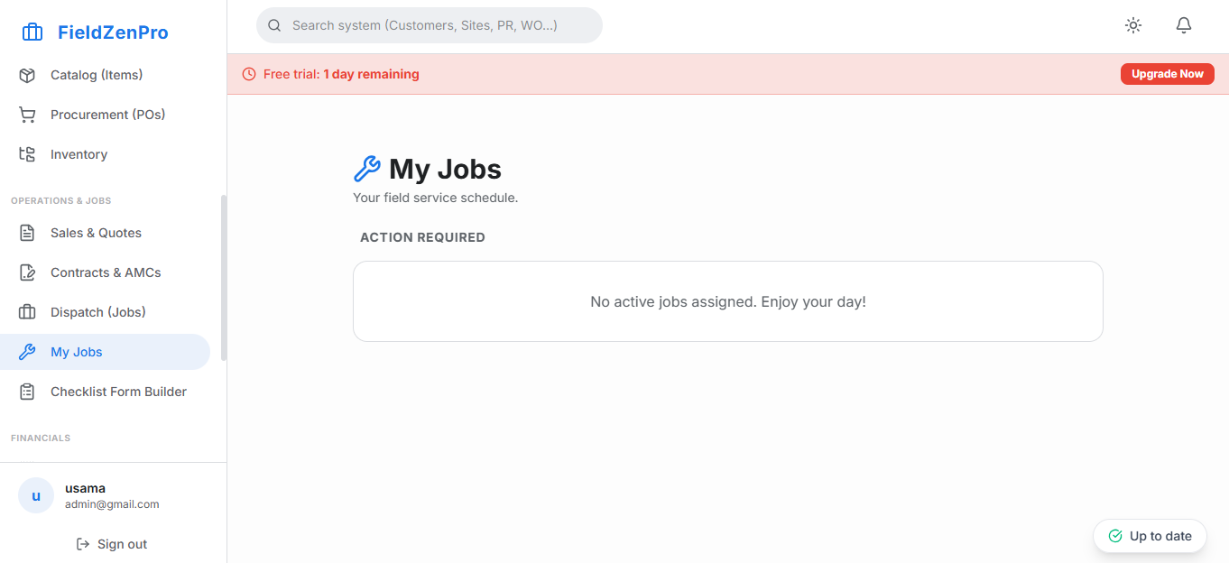 FieldZenPro Dashboard showing schedule and work orders