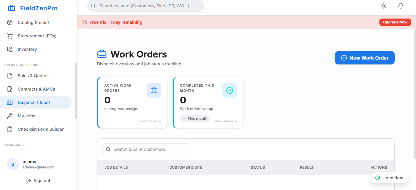 FieldZenPro Dashboard showing schedule and work orders